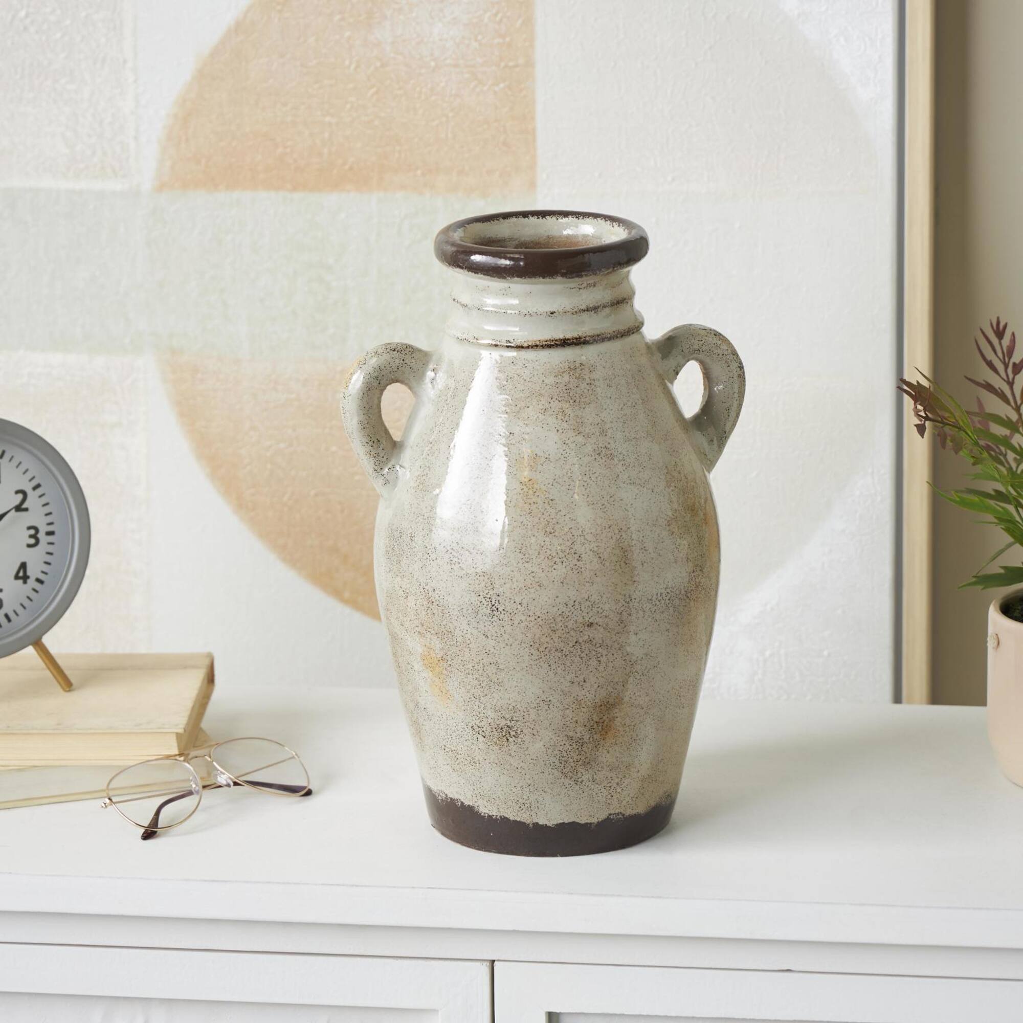 13.75" Cream Ceramic Antique Amphora Vase with Speckled Texturing